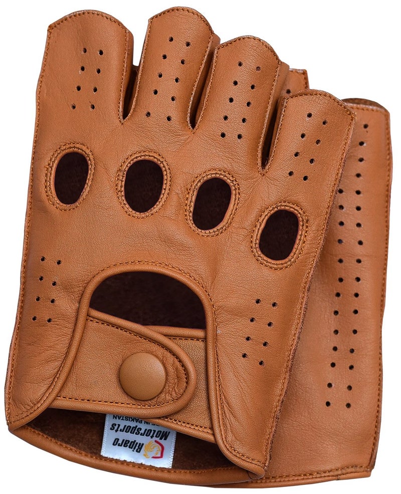 Riparo Mens Leather Reverse Stitched Fingerless Half-Finger Driving Motorcycle Gloves (Large, Cognac) - Image 1